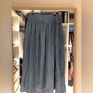 Wrap front denim chambray midi skirt